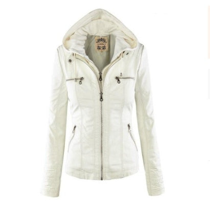 Chaqueta con capucha desmontable y bolsillos, informal, de color liso, con cremallera y manga larga, de cuero, para otoño e invierno, para mujer