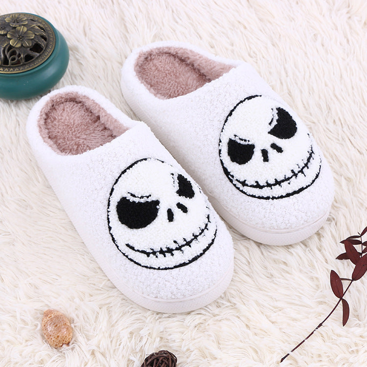 Zapatillas de casa con diseño de calavera y sonrisa de Halloween para interiores, divertidas y antideslizantes, para el invierno, cálidas, para dormitorio, para mujeres y hombres.