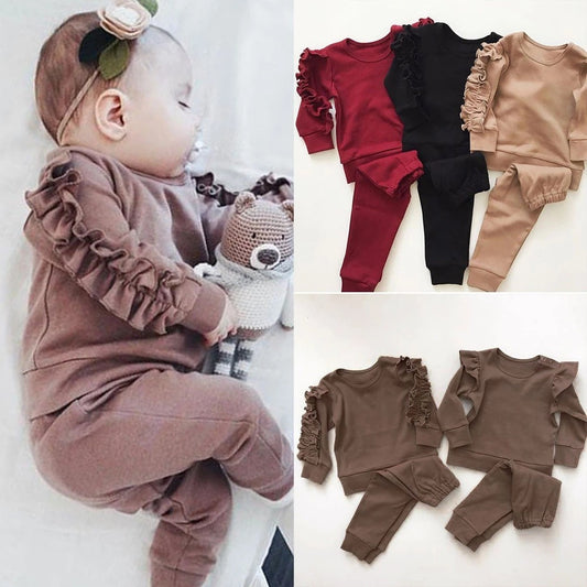 Conjunto de 2 piezas de ropa para bebés recién nacidos, niños y niñas, con volantes, sudadera de manga larga lisa, pantalones y conjuntos de otoño