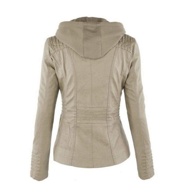 Chaqueta con capucha desmontable y bolsillos, informal, de color liso, con cremallera y manga larga, de cuero, para otoño e invierno, para mujer