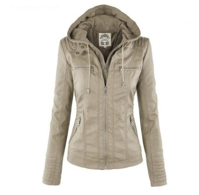 Chaqueta con capucha desmontable y bolsillos, informal, de color liso, con cremallera y manga larga, de cuero, para otoño e invierno, para mujer