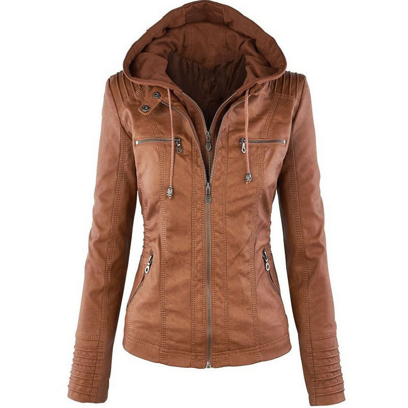 Chaqueta con capucha desmontable y bolsillos, informal, de color liso, con cremallera y manga larga, de cuero, para otoño e invierno, para mujer