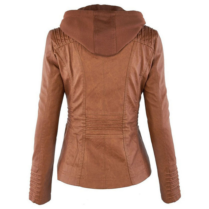 Chaqueta con capucha desmontable y bolsillos, informal, de color liso, con cremallera y manga larga, de cuero, para otoño e invierno, para mujer