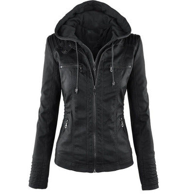 Chaqueta con capucha desmontable y bolsillos, informal, de color liso, con cremallera y manga larga, de cuero, para otoño e invierno, para mujer