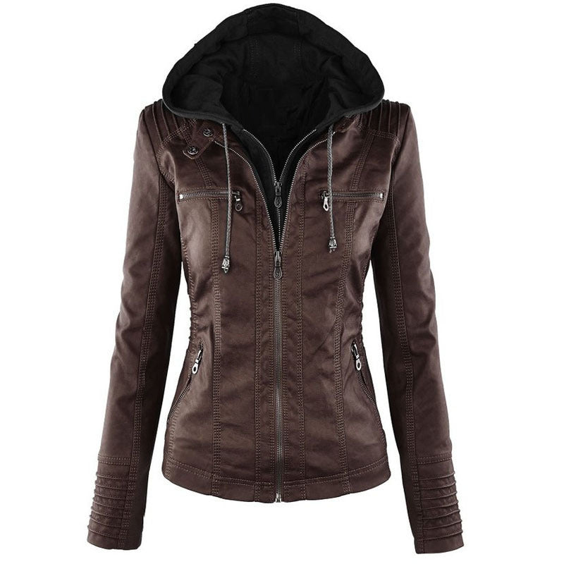 Chaqueta con capucha desmontable y bolsillos, informal, de color liso, con cremallera y manga larga, de cuero, para otoño e invierno, para mujer