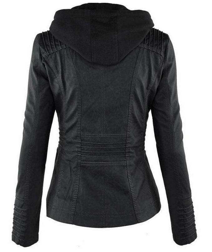 Chaqueta con capucha desmontable y bolsillos, informal, de color liso, con cremallera y manga larga, de cuero, para otoño e invierno, para mujer