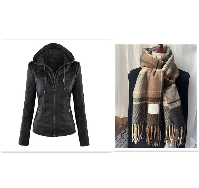 Chaqueta con capucha desmontable y bolsillos, informal, de color liso, con cremallera y manga larga, de cuero, para otoño e invierno, para mujer