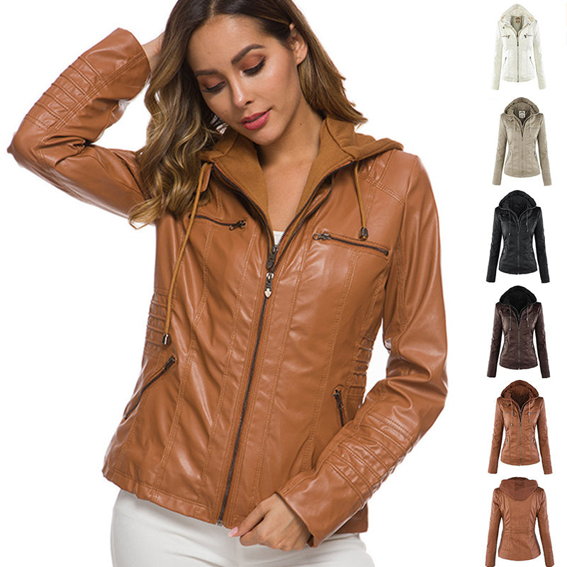 Chaqueta con capucha desmontable y bolsillos, informal, de color liso, con cremallera y manga larga, de cuero, para otoño e invierno, para mujer