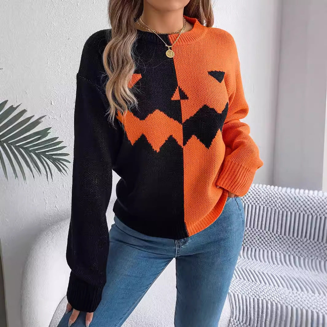 Suéter de punto de manga larga con contraste de colores para Halloween, ropa de mujer