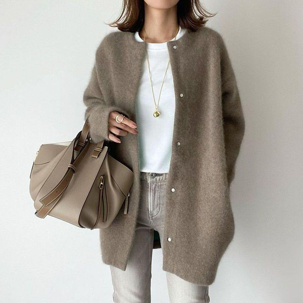 Loose Round Neck Single Breasted Cardigan Fashion Solid Color Coat Jacket Autumn And Winter Women's Clothing keeps you warm and comfortable