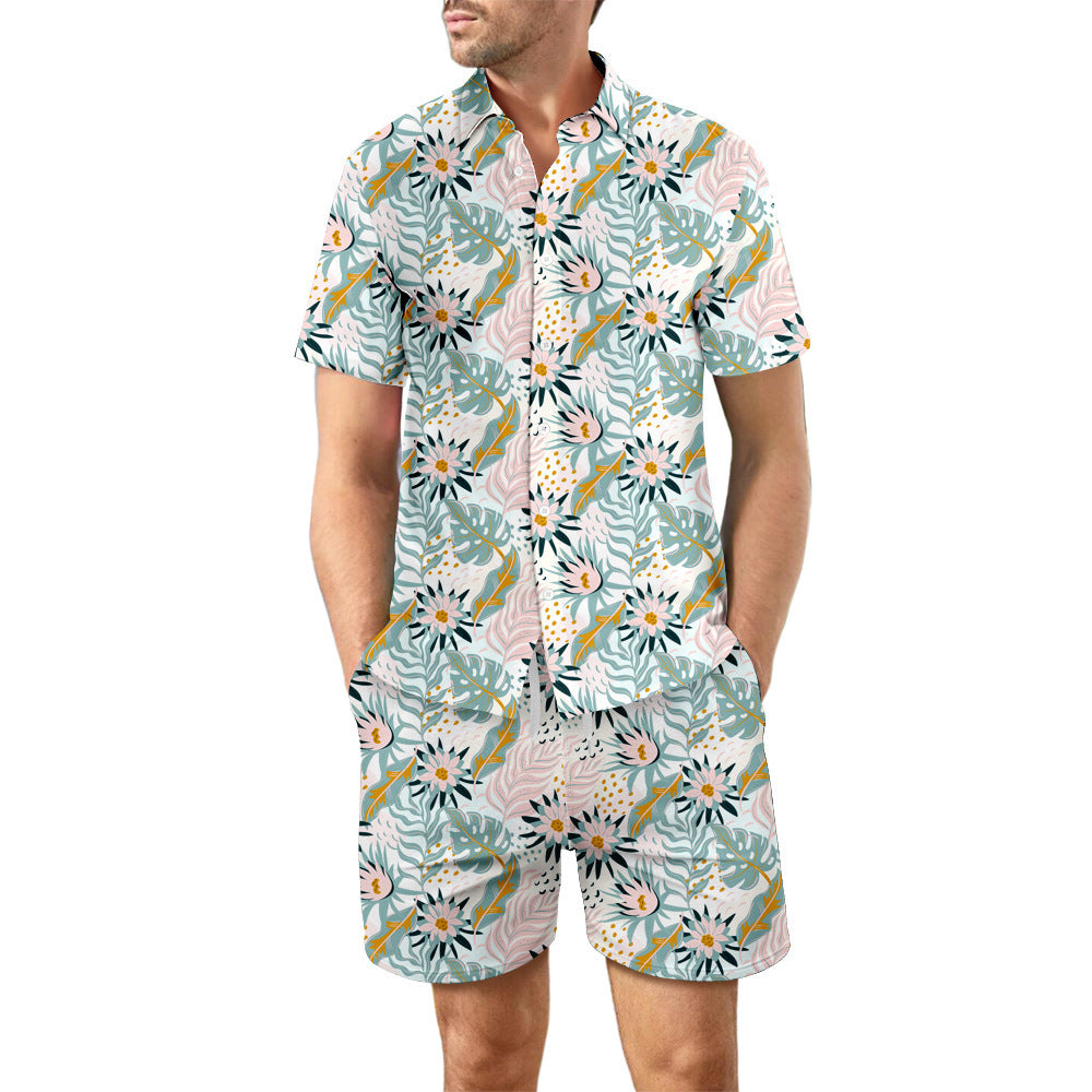 2Pcs Printed Beach Shirt Summer Suit Loose Lapel Button Top And Drawstring Pockets Shorts Casual Short Sleeve Suits For Men Clothing