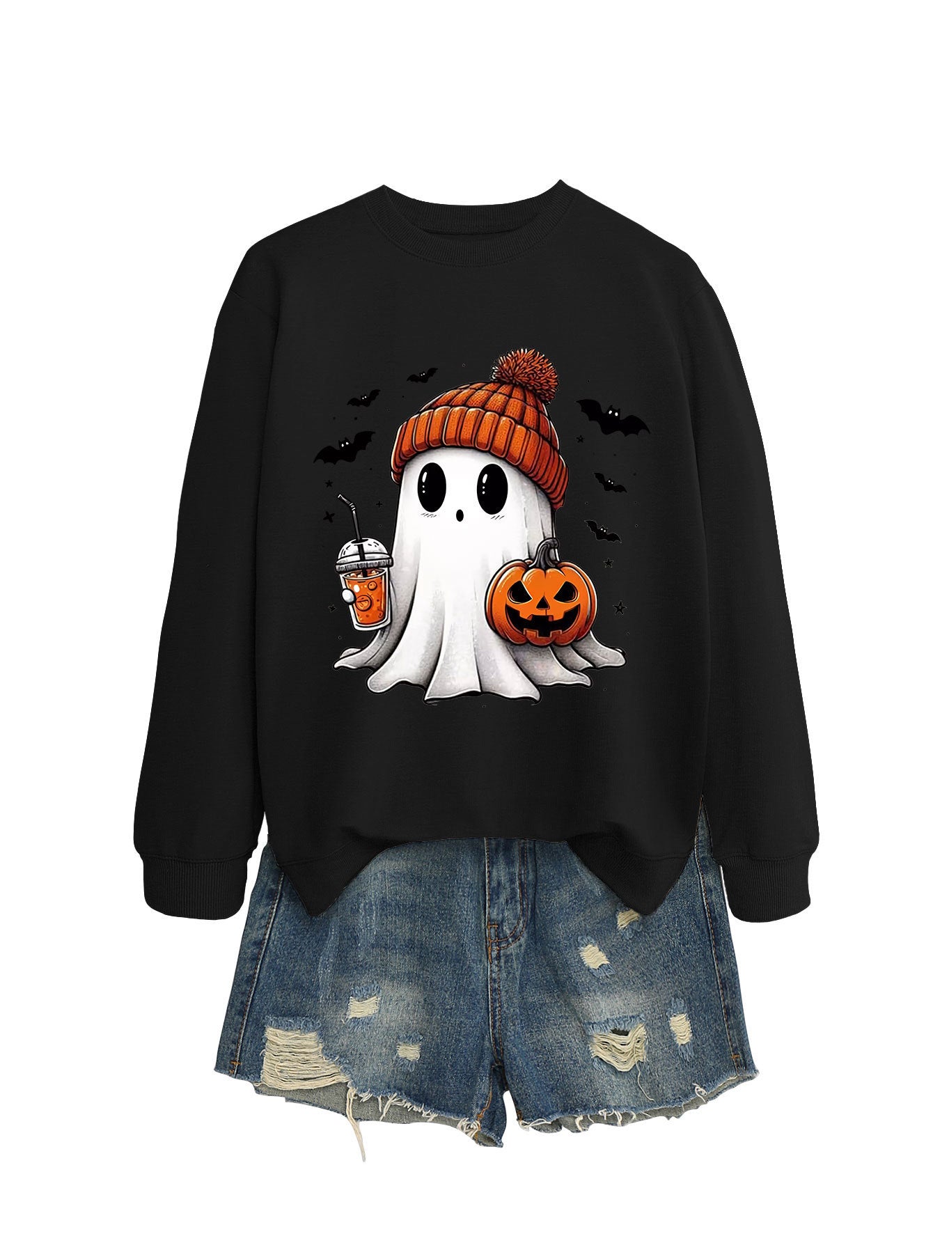 Fashion Long Sleeve Milk Tea Pumpkin Bat Printed Crew Neck Sweatshirt